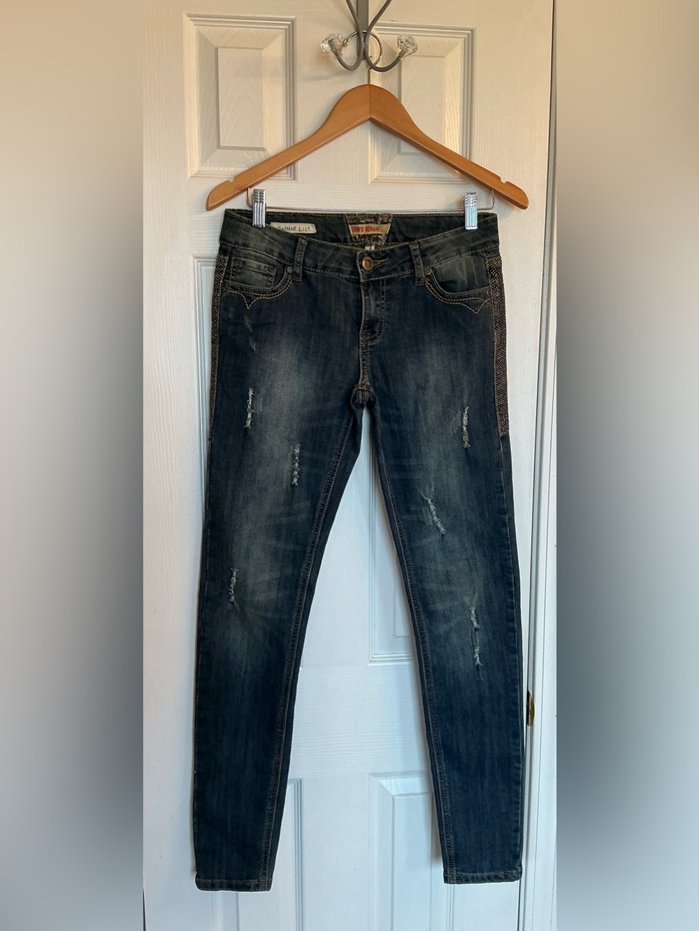 Hot Kiss Skinny Lily Dark Blue Distressed Skinny Jeans Juniors Size 7